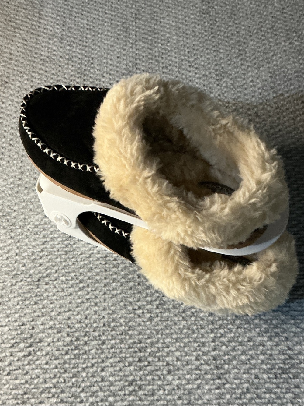 Falls Creek Black Suede Clog Slippers with Cream Fur Trim